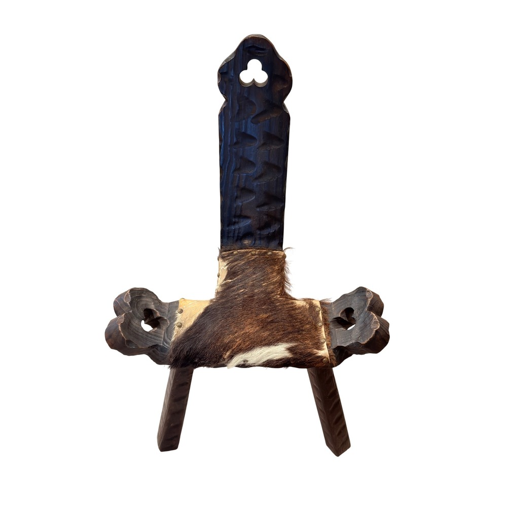 Vintage Tripod Birthing Chair Hand Carved Wood Cowhide Seat Rustic Western Stool